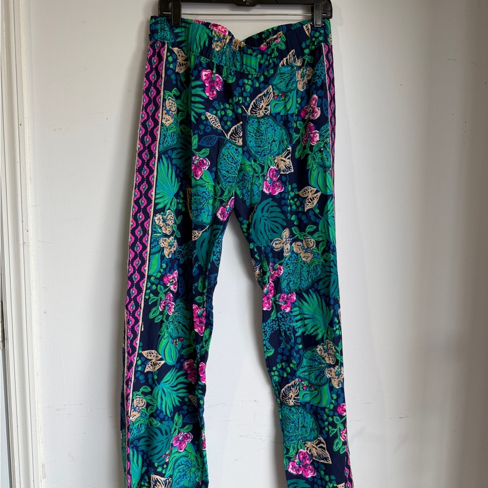 Lilly Pulitzer Wide Leg Palazzo Pants Size L Tropical Floral Blue Green Pink